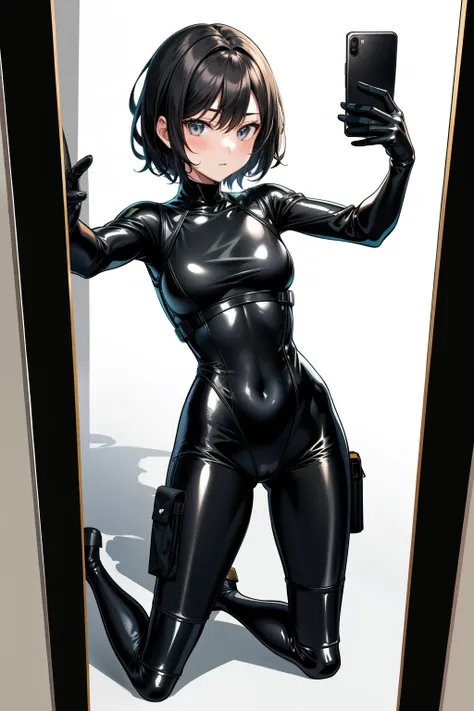 araffe wearing a black bodysuit and cargo pants taking a selfie, cute girl wearing tank suit, see through, kaki body suit, thin bodysuit, see - through, intriguing outfit, very sexy outfit, tight outfit, bodysuit, sexy look, full body length, tight attire,...