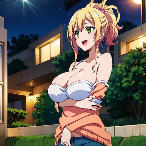 1women, solo, ((nude)), ((huge tits)),  slim waist, outdoor, night city, ((busty)), blonde hair, green eyes, ponytail hair, smile, white tank top, short pants, open mouth, view at camera, cleavage