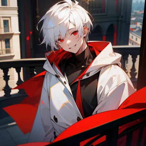 1boy, white hair, red eyes, wearing black hoodie, upper body only, smiling, looking at viewer, masterpiece, balcony, highly detailed, ultrasharp, 8k