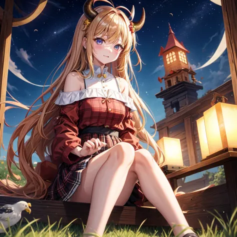 Red-blonde、poneyTail、verd s eyes、one good looking girl、独奏、animesque、lightly dressed、Plaid miniskirt、a black T-shirt、grass field、sitting on、fullmoon、candle fire、Meteor swarm、starrysky、are flying、golden castle、A chicken is on top of the bull and the bull is ...