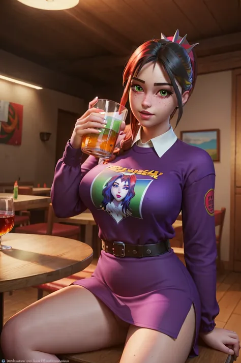 (4k, best quality, masterpiece:1.2), (realistic, photo-realistic:1.37),helsie, drinkin in a restaurant, sitting, , purple long s...