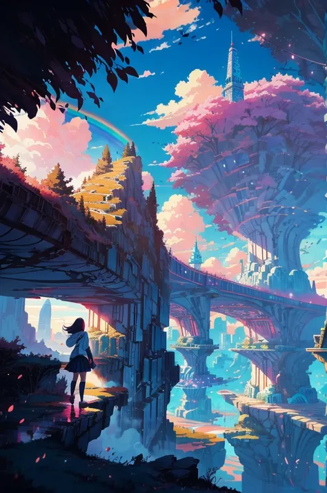 Anime girl standing in the big city looking at the rainbow sky,Near Future City、 makoto shinkai cyril rolando, Anime art wallpaper 4k, Anime art wallpaper 4k, Anime art wallpaper 8K, inspired by Cyril Rolando, Dan Mumford art style, Stunning wallpapers, au...