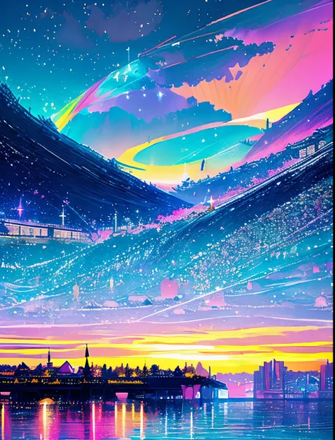 Colorful Metropolitan Museum of Art、River painting with stars and moon in rainbow sky、the met、Shining skyscrapers、Shine across the board、Skyscrapers、Concept art inspired by Mitsuoki Tosa、pixiv contest winners、top-quality、Fantasyart、beautiful anime scene、Br...