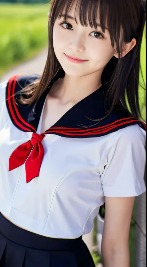 (Dressed in a white sailor suit with a black collar and a black skirt with red trim、Close-up portrait of half-up long brown hair on slender small chest with blunt bangs and black skirt:1.5)、(A girl walking with a small smile on a Japanese country road:1.5)...