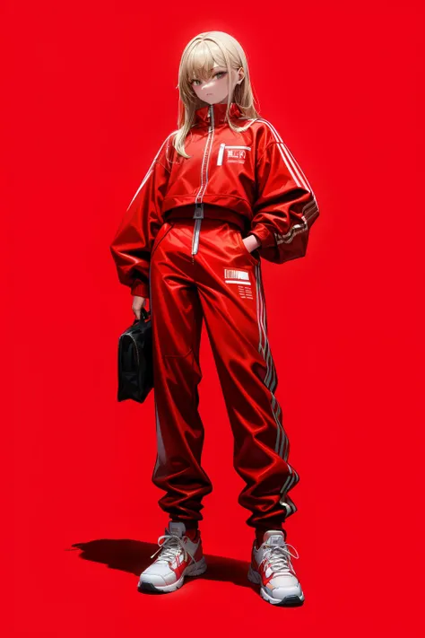 a woman standing on a set of stairs wearing a red sweat suit, red clothes, woman in streetwear, red, she  wearing streetwear, y2k style, y 2 k style, wearing a red outfit, vetements, trending on r/streetwear, all red, wearing red clothes, wearing red, high...