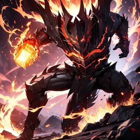 Best quality 8k humanoid dragon demon (The background is a flash of fire) Looks cool and strong He has a volcanic bomb in his hand