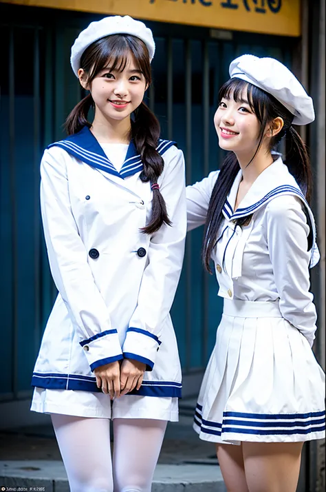 2 girls in town street,white beret,long-sleeved sailor dress,school bag,white leggings,18-year-old,bangs,a little smile,thighs,knees,short cut hair,poneytail,from below