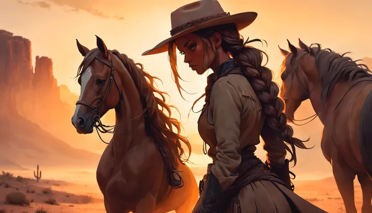 garota, vaqueiro, illustration, deserto empoeirado, sunset silhouette, kalap, botas, horse, long braided hair, determined expres...