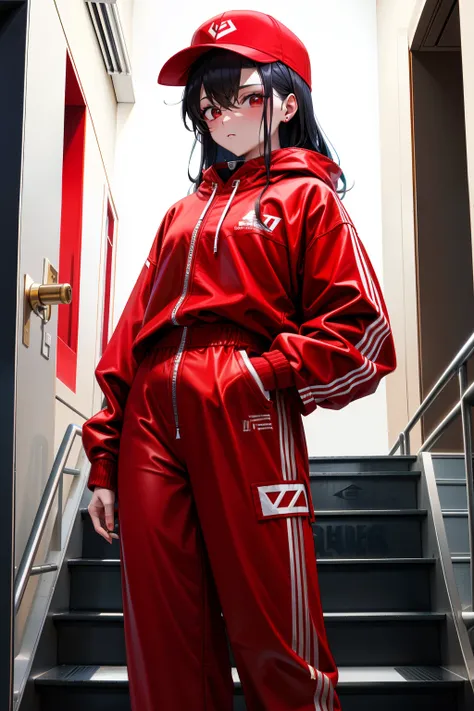 a woman standing on a set of stairs wearing a red sweat suit, red clothes, woman in streetwear, red, she  wearing streetwear, y2k style, y 2 k style, wearing a red outfit, vetements, trending on r/streetwear, all red, wearing red clothes, wearing red, high...