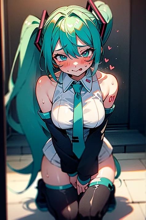 high-level image quality，miku hatsune、Huge chest chest:1.3)、(grabbing on breasts:1.3)、(Wearing sweat:1.4)、(sexy  pose:1.4)、(blushed face:1.4)、A smile、put out the tongue、((Heart-shaped pupil))、((sexy  pose))、Squat，urinate，open ones legs、vaginal，Spread ，Mast...