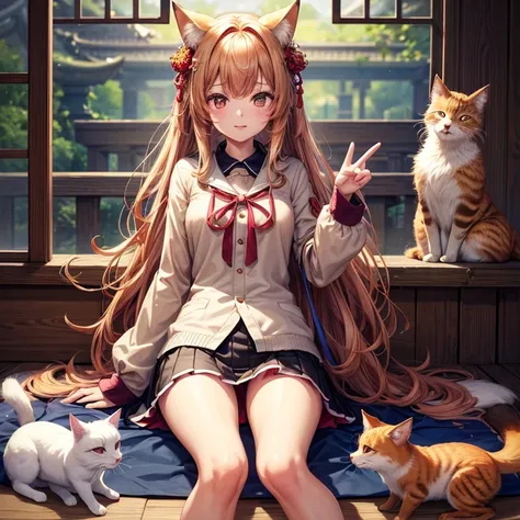 top-quality, hight resolution, 8K images,best qualtiy,hight resolution、A woman who is cute no matter who sees her、Stain cheeks red、Cat Pose、foxes、Detailed CG background、chestnut hair, bobhair、Absolute area、Looking at the camera、(Illustration ratio:1.1)、Pre...