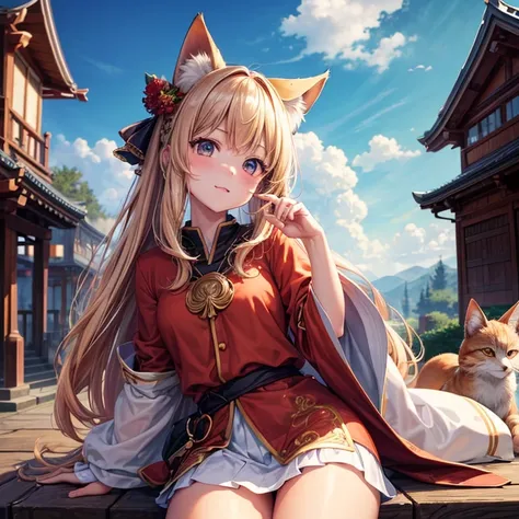 top-quality, hight resolution, 8K images,best qualtiy,hight resolution、A woman who is cute no matter who sees her、Stain cheeks red、Cat Pose、foxes、Detailed CG background、chestnut hair, bobhair、Absolute area、Looking at the camera、(Illustration ratio:1.1)、Pre...