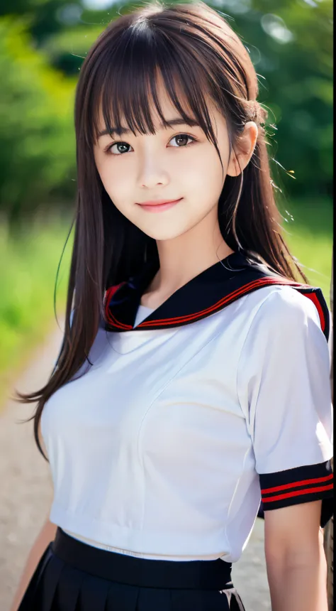 (Close-up portrait of slender small breasted girl、Has long brown hair in a half-up style with blunt bangs in a white sailor suit with a black collar and a black skirt with red trim。:1.5)、(A girl walking with a small smile on a Japanese country road:1.5)、(B...