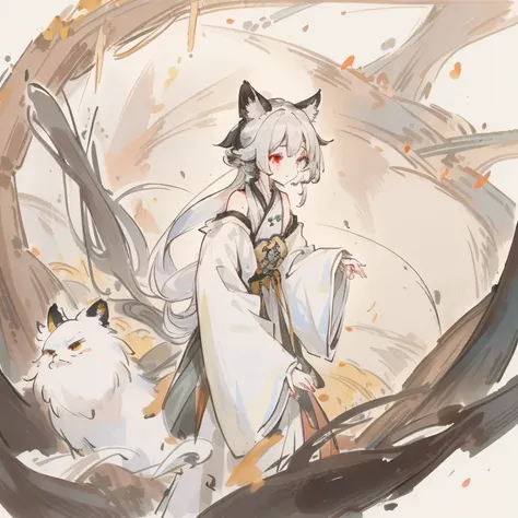 ((4K,tmasterpiece,Best quality at best)),ink wash style, Traditional chinese painting, , long  skirt，1 girl, 独奏, White hair, Long gray hair, fox ear,   exquisite facial features，, ，cropped shoulders，upper legon water），That bird，curling，Small river，（photo o...