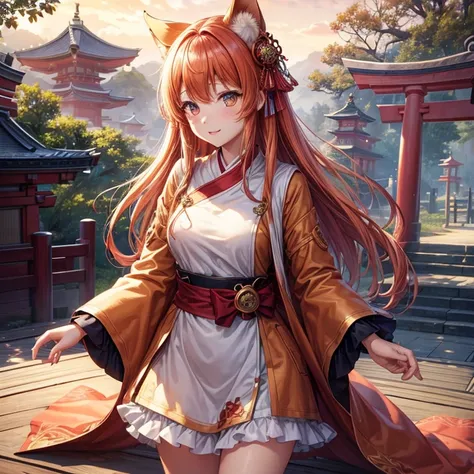 top-quality, hight resolution, 8K images,best qualtiy,hight resolution、A woman who is cute no matter who sees her、Stain cheeks red、foxes、Detailed CG background、Chestnut hair, bobhair、Absolute area、Looking at the camera、(Illustration ratio:1.1)、Precincts of...