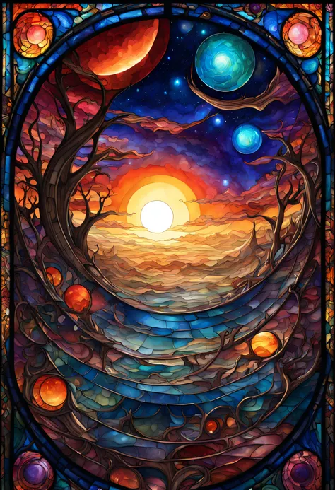 a magnificent sunset on a strange and mysterious alien Stained glass style planete. Its very textured and detailed with dreaming lot of whirlwind multicolored and dreaming dust