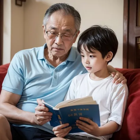 Chinese elderly grandfather and grandson read a book together