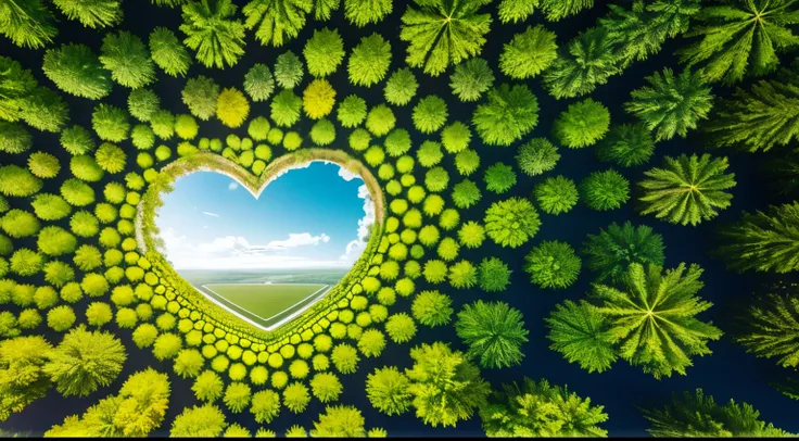 vue aérienne d&#39;A rivière in the shape of the heart on a green champion, Un beau land art, Forme en forme de coeur faite de fleurs, marshy, Land Art, Vue imprenable, Voir ci-dessus, A flot d&#39;amour et de bonheur, Shoot from above, Shoot from above, F...