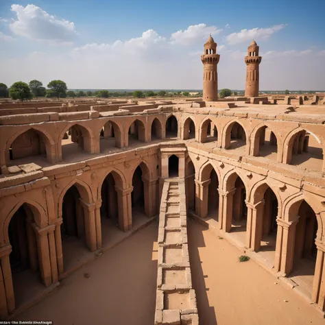 A series of images capturing the grandeur of the Great Mosque of Djenne and the surrounding ancient ruins, highlighting the intricate mud-brick architecture.