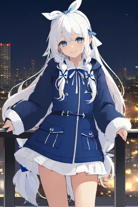 ((Masterpiece), top-quality, Top image quality, ((((solo)))), ((((white hair)))), long hair, ((((blue hairribbon)))), Beautiful blue eyes, Shining eyes, smile, teens girl, 18yo, cute, loose parka, food up, mini skirt, sleeves_past_wrists, night, city, wint...