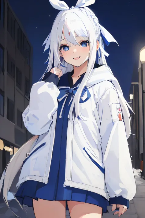 ((Masterpiece), top-quality, Top image quality, ((((solo)))), ((((white hair)))), long hair, ((((blue hairribbon)))), Beautiful blue eyes, Shining eyes, dye ones cheeks red, smile, teens girl, 18yo, cute, loose parka, food up, mini skirt, sleeves_past_wris...