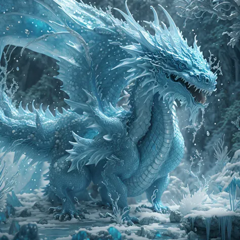 there  a blue dragon that  standing in the snow, frost dragon, crystal dragon, water dragon, 4k fantasy art, highly detailed fan...