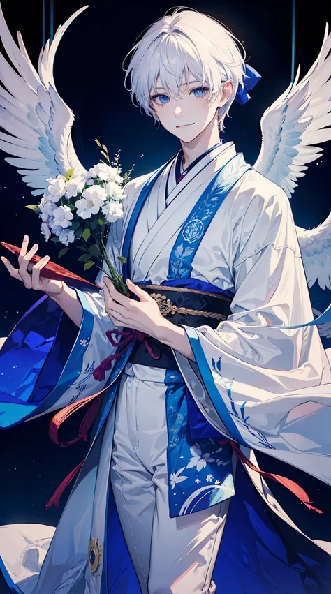 1young man, Hands that embrace the light,smile,white short hair,blue eyes,male photo, mysterious atmosphere,big white wings,feathers,kimono,Japanese style,high quality, best quality, 8K, masterpiece,fantastic