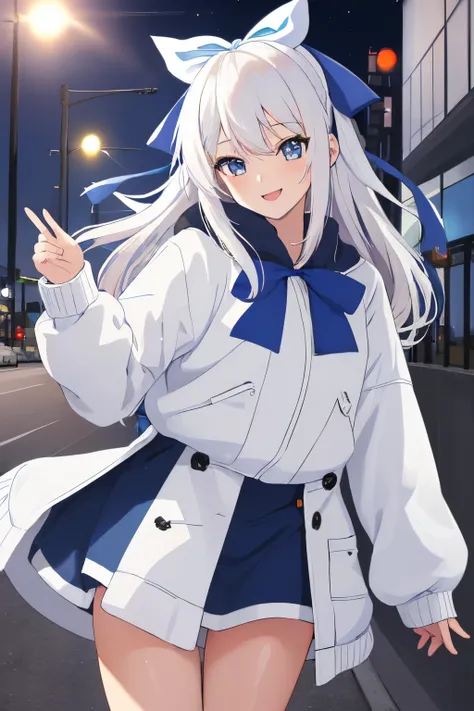 Chica anime, ((Masterpiece), top-quality, Top image quality, ((((solo)))), ((((white hair)))), long hair, ((((blue hairribbon)))), Beautiful blue eyes, Shining eyes, smile, teens girl, 18yo, cute, loose parka, food up, mini skirt, sleeves_past_wrists, nigh...