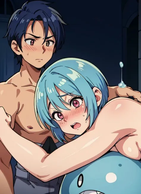 (When I was reincarnated, I was a slime、rimuru)、Light blue short-haired、she lost the battle、Shy、red blush、cum on、She was pushed down、girl trembling with sexual climax、gangbang,2boys、coat over naked