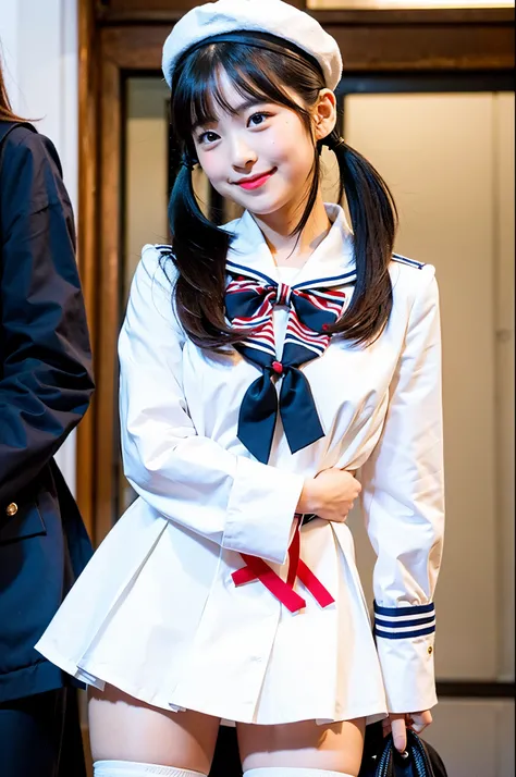 2 girls in town street,white beret,long-sleeved sailor dress with red bow tie,school bag,white leggings,18-year-old,bangs,a little smile,thighs,knees,short cut hair,poneytail,from below