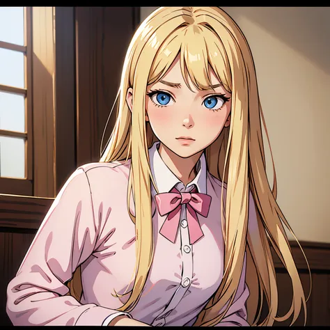 (Best Quality, Sharp anime eyes), elegant, feminine, detailed_background, bedrooom, closeup, straight long hair,side hair bow,pixelated,blush,luca (kuruton486),blonde hair side bow,highres,1girl,letterboxed,solo,kuruton486,pink casual shirt,blue eyes,shirt...