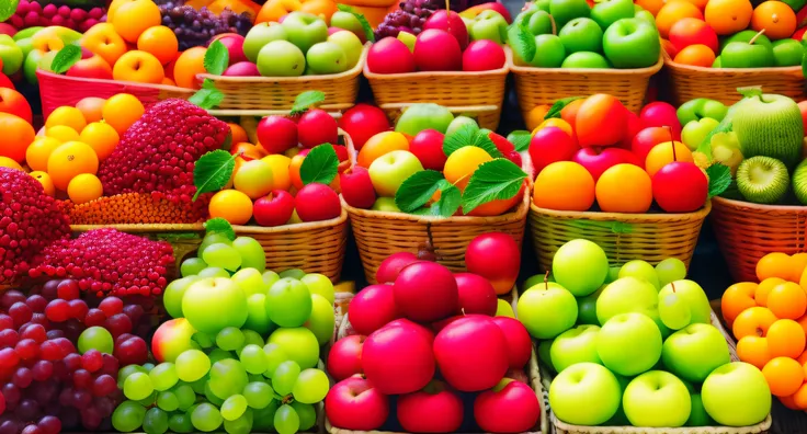 Cheerful display of fruits in baskets at a market, colourful apples, Frutas, estande de frutas coloridas, Fruit, frutas frescas, frutas em uma cesta, Apples, mercado, tamanho completo, instagram post, Pratos de frutas, vibrant and vivid, fruit trees, sazon...