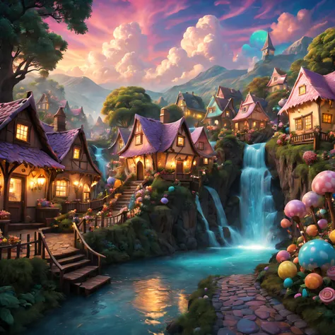 (ultra - detailed,actual:1.37),(Best quality at best,4K,8K,A high resolution,tmasterpiece:1.2),The landscape,Chocolate Village,Sweet,magical,cozily,Tasteful,Tasty,Beautifully decorated cabin,meandering chocolate river,Tempting chocolate fountain,Various ch...