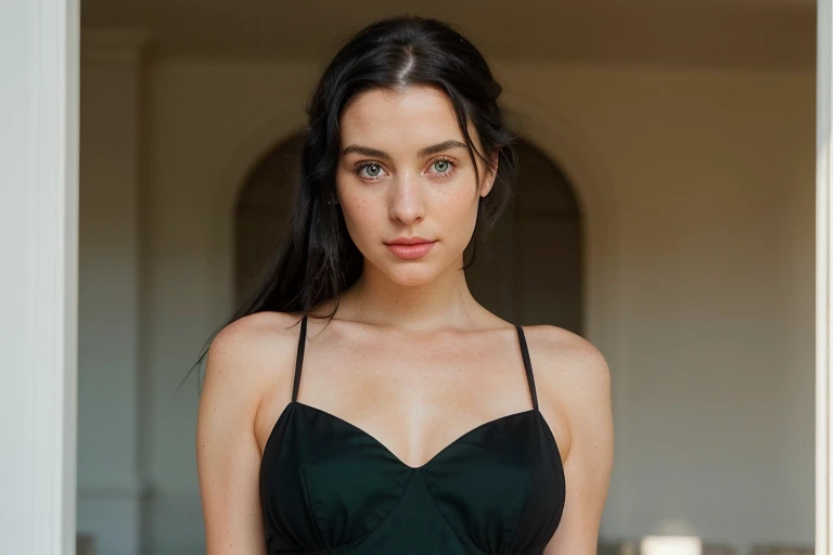 Request an image of a confident and elegant 25-year-old woman with light black hair . Visualize her in a poised and graceful stance. Showcase the depth and allure of her green eyes, and draw attention to the delicate freckles adorning her nose. Dress her i...