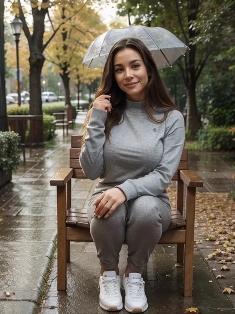 middle-aged , latina , blonde ans brown hair, normal nose, normal lips, normal chin, normal cheeks, normal eyebrows, normal brown eyes,big fake tits, slim waist, Thick legs, shiny yoga pants, socks, shoes, pullover , park, chair, autumn, forest , detailed ...