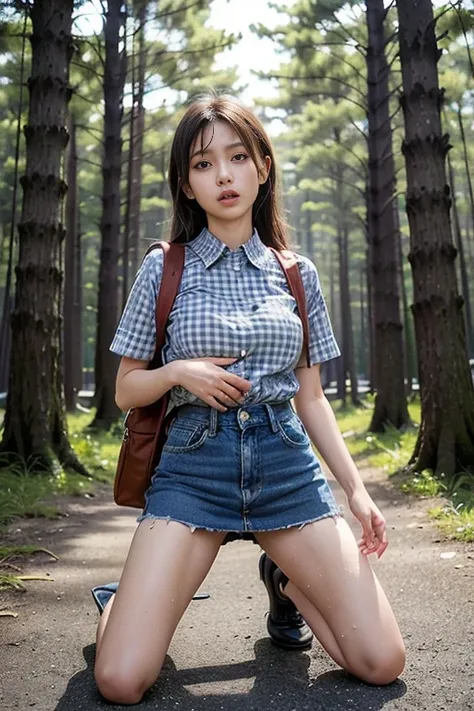 (Natural Landscape Photography), (Best Quality), masutepiece:1.2, 超A high resolution, ((Cowboy Shot:1.4))、Photorealistic:1.4, Raw photo, ((((In the dark forest、90 degree knees、Stand kneeling、Legs wide open:1.4)))、wetted skin、((Bend both knees and open your...