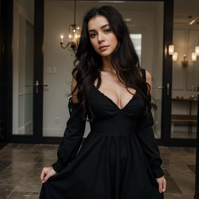 Long Curly dark hair woman in black dress