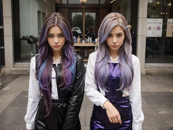 female twins, hairstyles different, hair colors different, iris colors different, outfits different,