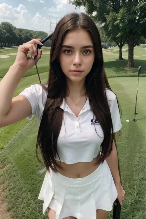 arafed woman with long hair with golf clothes at a golf course hot clothes full portrait with golf stick in hand and a short white skirt, without makeup, 18 years old, perfect face ), 19-year-old girl, anna nikonova aka newmilky, pokimane, anastasia ovchin...