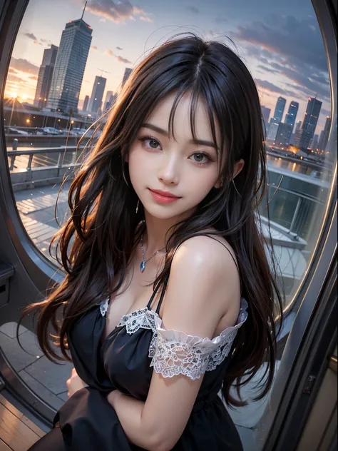 One cute girl around 24 years old, fish eye, Self-shot, Wind, hair messy, Sunset, Cityscape, (Aesthetics and atmosphere:1.2),Smiling、Show your teeth and smile、close your eyes and laugh、An ultra-high picture quality、8k、Ultra-realistic images、Raw photo、Detai...