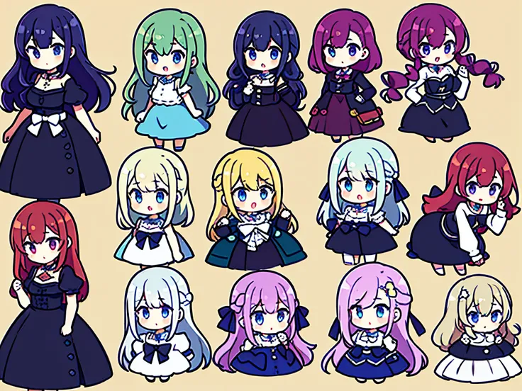 female twins, hairstyles different, hair colors different, iris colors different, outfits different,