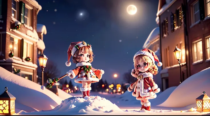 (Ultra-detailed eyes), (((Textile shading))), (((Best quality at best))), (((On the table))), (((super-detailed CG))), (Colorful glowing lanterns),((The night sky  filled with colorful and cute creatures flying around)),((large full moon)),((Shiny colorful...