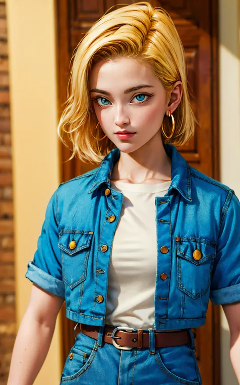 (masterpiece, best quality), realistic version of android18, earrings, denim, belt upper body, focus face, perfect face, emily r...