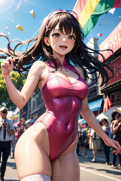 Very cute and beautiful girl,(very detailed beautiful face and eyes:1.2),(Pink leotard:1.2),(Sleeveless),(Laugh),
city street festival,(parade:1.2),(Many people wearing pastel colored costumes),a flag,empty confetti,Outdoors,depth of fields,
(Cowboy Shot),...