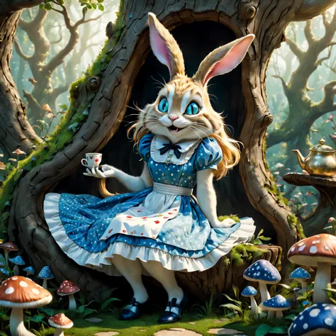 alice in the wonderland，A girl with long blonde hair，eBlue eyes，Wearing a patterned blue dress and white apron，Sitting in a lush garden，polka dot mushrooms，There are teapots and teacups on the table，Playing cards flying in the air，A mad hatter white rabbit...