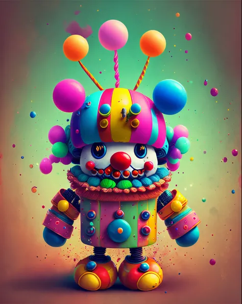 Cute clown robot,having fun，vivd colour，exaggeration