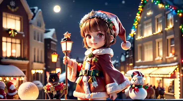 (Ultra-detailed eyes), (((Textile shading))), (((Best quality))), (((On a table))), (((super-detailed CG))), (Colorful glowing lanterns),((Colorful colors flying in the night sky、Cute little animals)),((large full moon)),((shiny colorful star hair,((Brown ...