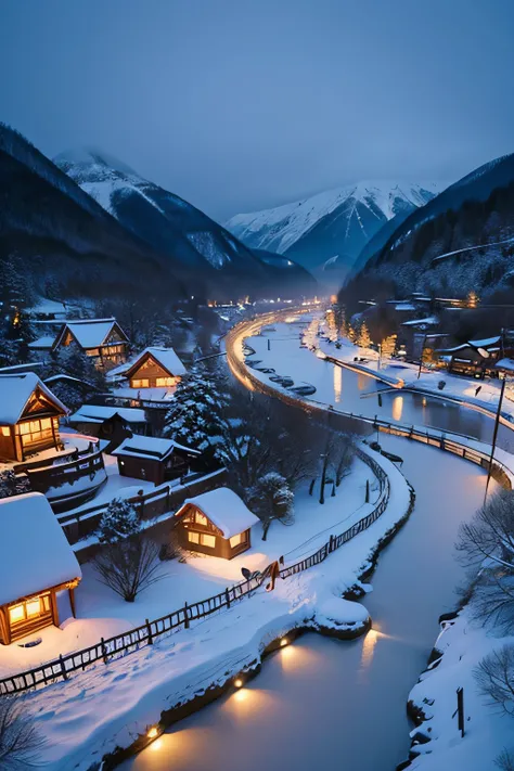 Fairy Tale Village，The view of the village，Lots of snow on the ground, magical village, Well-lit building, Snowy winter, natta, blanketed in a mantle of snow, quaint village, snowy night, winter setting, Suffocating, very magical and dreamy, Shirakawa-go, ...