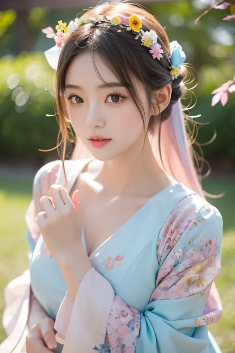 dried flower、Japan Beautiful Girls。Produces high-quality female images with an innovative artistic atmosphere that stands out in pastel colors。She has her own fashion style、Dressed in glamorous and soft pastel costumes。Against the background of a fantastic...