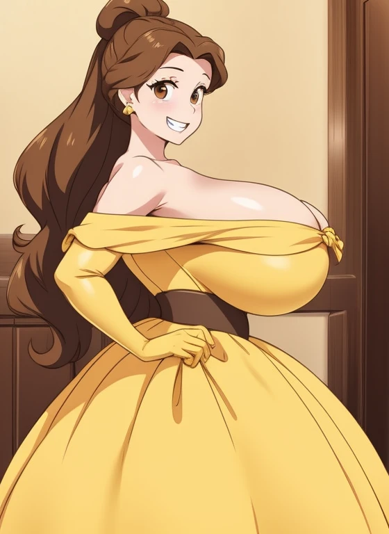 1girl, from side, female character with brown hair in hairstyle, light skin, brown eye, grin, in a yellow off-the-shoulder ballgown with matching opera gloves., Princess Belle, (gigantic breasts:1.2), Breast positioning, blushful